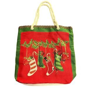 Holiday Bag Stockings Hung Needlepoint Design Red Green Canvas Tote Christmas